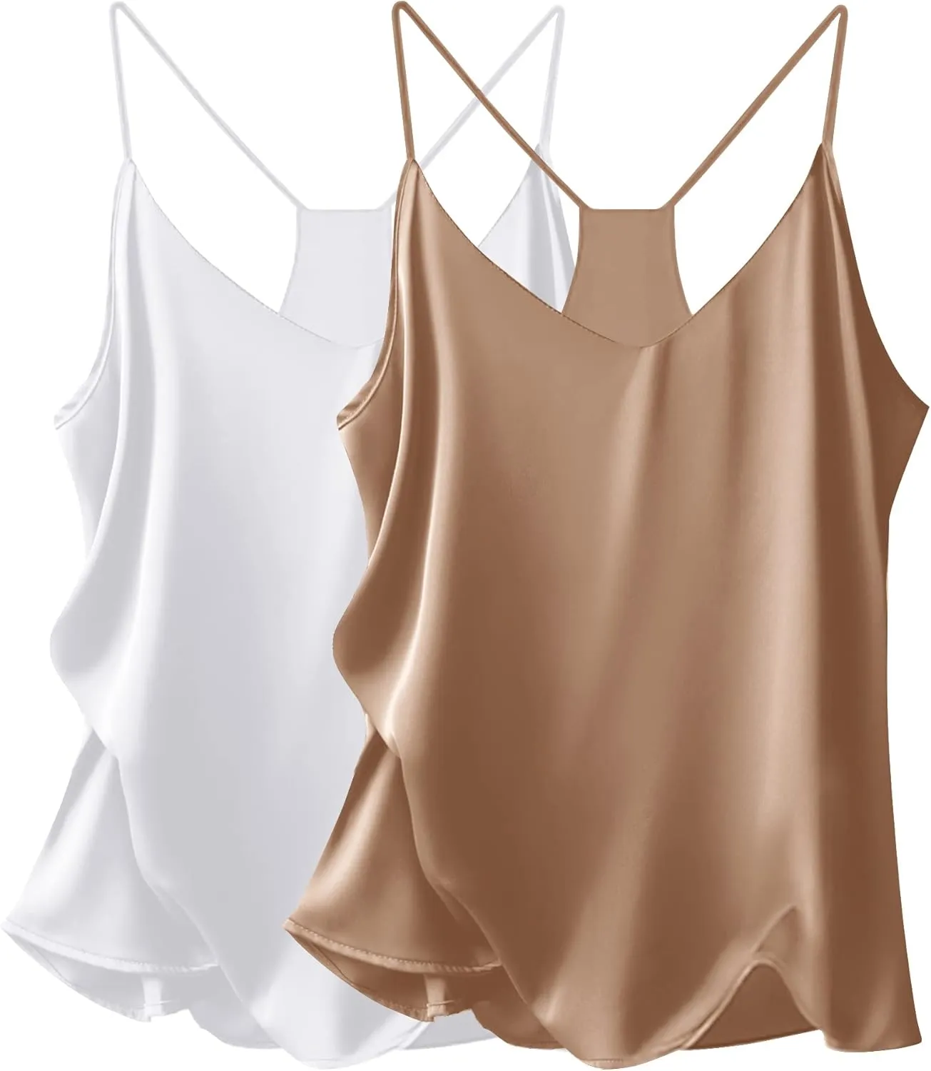 Ekouaer Womens Silk Satin Cami Tops 2 Pack V Neck Blouse Spaghetti Strap Summer Basic Camisole Tank Top