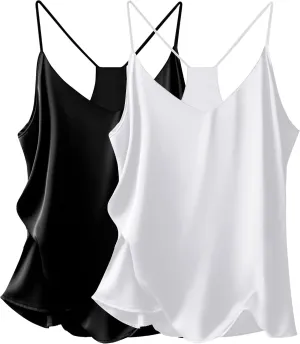Ekouaer Womens Silk Satin Cami Tops 2 Pack V Neck Blouse Spaghetti Strap Summer Basic Camisole Tank Top