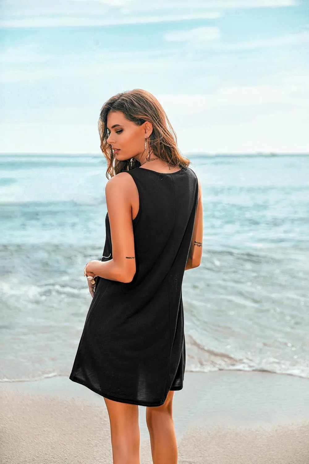 Ekouaer Women's Sleeveless Swimwear Coverups T-Shirt Beach Dress Tank Bikini Cover Up with Print