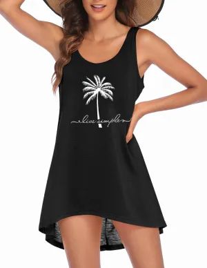 Ekouaer Women's Sleeveless Swimwear Coverups T-Shirt Beach Dress Tank Bikini Cover Up with Print