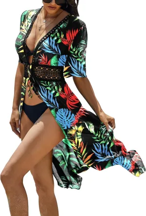 Ekouaer Women's Swimwear Cover Ups Sexy Open Front Beach Bikini Swimsuit Kimono Cardigan Cover Up Long Flowy Beachwear