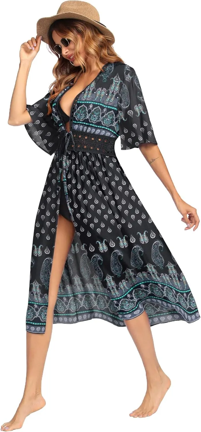 Ekouaer Women's Swimwear Cover Ups Sexy Open Front Beach Bikini Swimsuit Kimono Cardigan Cover Up Long Flowy Beachwear