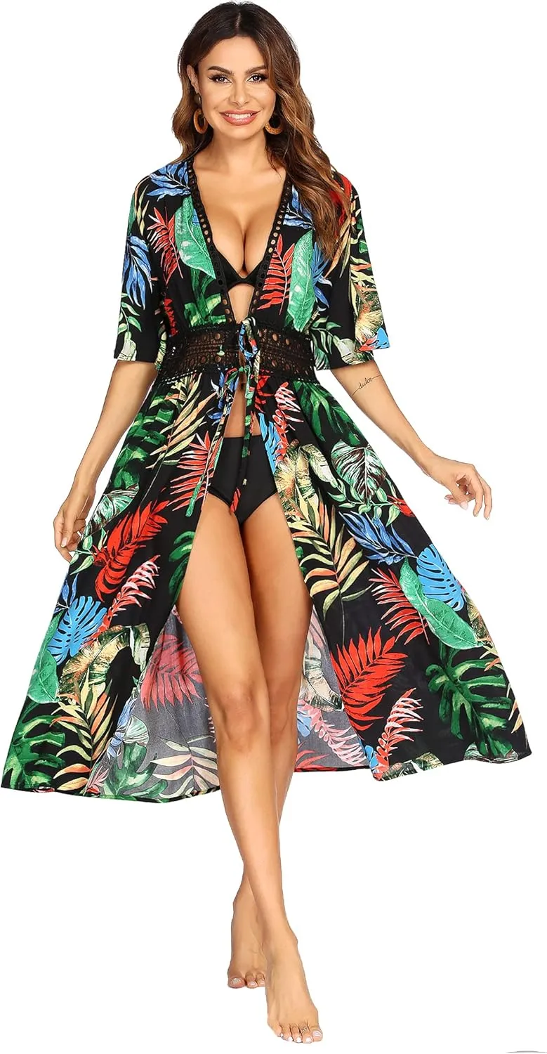 Ekouaer Women's Swimwear Cover Ups Sexy Open Front Beach Bikini Swimsuit Kimono Cardigan Cover Up Long Flowy Beachwear
