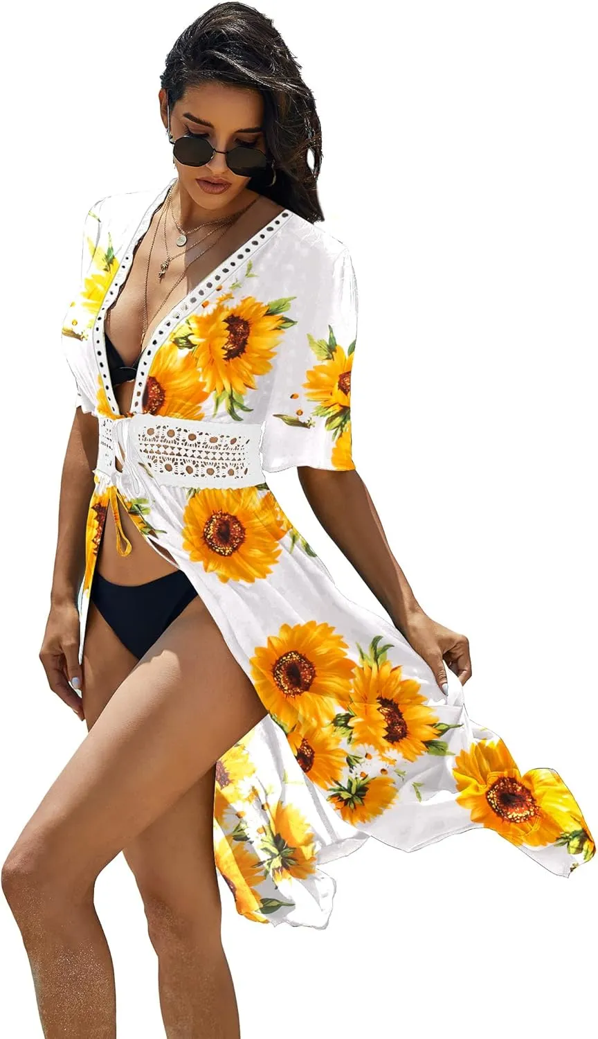 Ekouaer Women's Swimwear Cover Ups Sexy Open Front Beach Bikini Swimsuit Kimono Cardigan Cover Up Long Flowy Beachwear