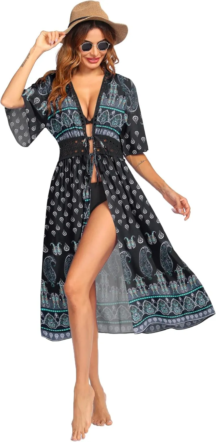 Ekouaer Women's Swimwear Cover Ups Sexy Open Front Beach Bikini Swimsuit Kimono Cardigan Cover Up Long Flowy Beachwear