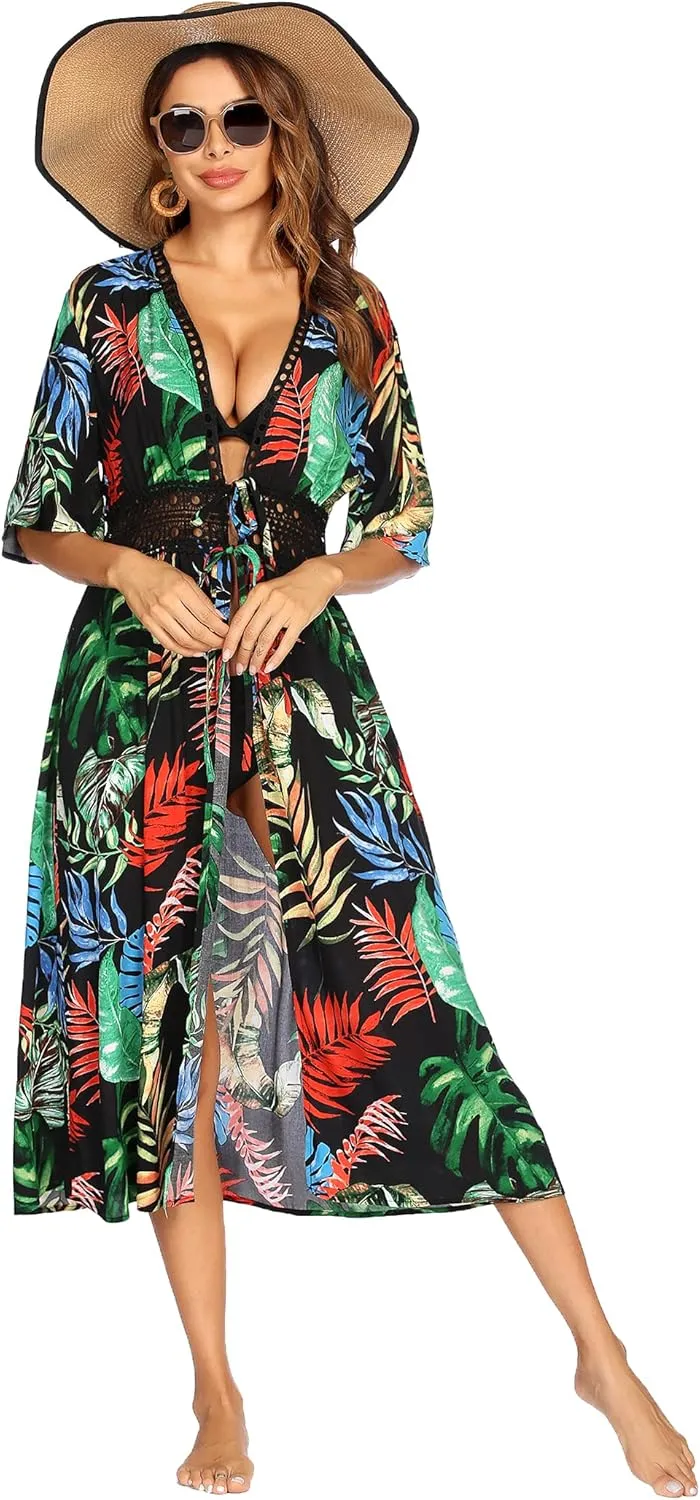 Ekouaer Women's Swimwear Cover Ups Sexy Open Front Beach Bikini Swimsuit Kimono Cardigan Cover Up Long Flowy Beachwear