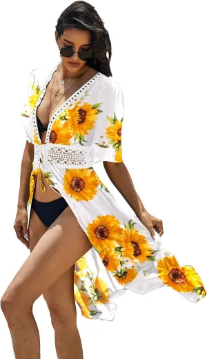 Ekouaer Women's Swimwear Cover Ups Sexy Open Front Beach Bikini Swimsuit Kimono Cardigan Cover Up Long Flowy Beachwear