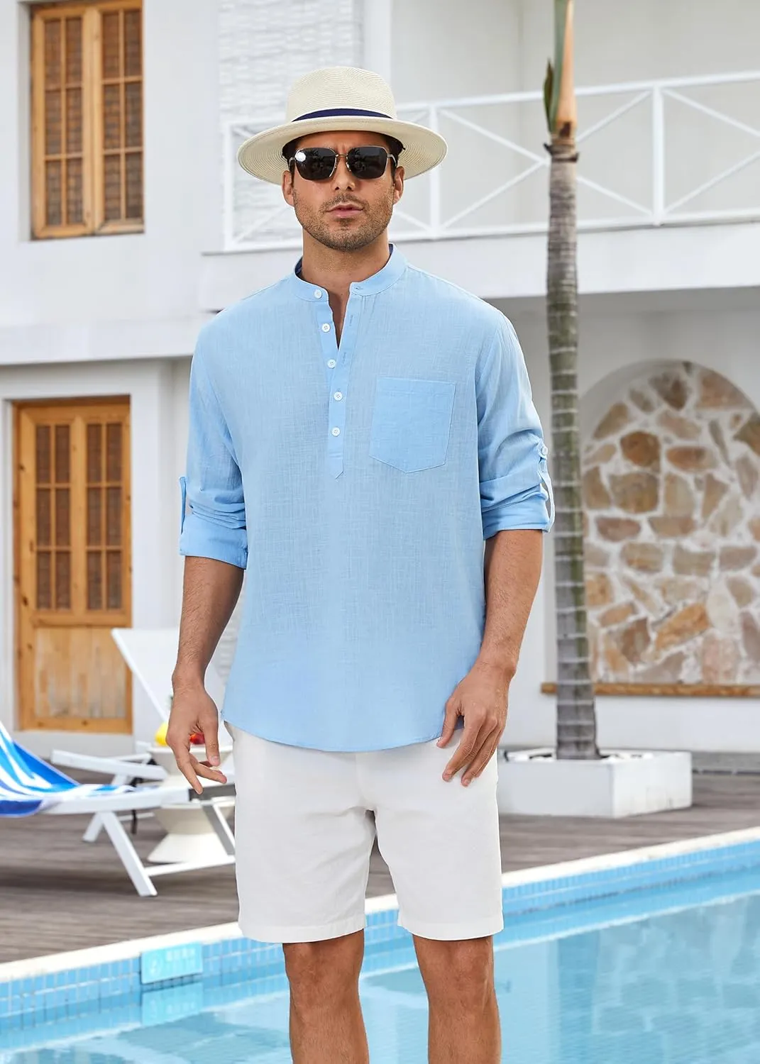 Enlision Mens Cotton Linen Henley Shirts Long Sleeve Casual Shirt Summer Beach Hippie T-Shirt Band Collar Shirt & Pocket