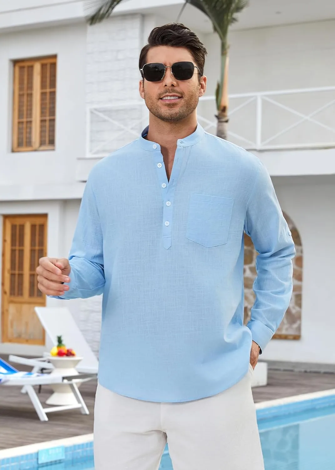 Enlision Mens Cotton Linen Henley Shirts Long Sleeve Casual Shirt Summer Beach Hippie T-Shirt Band Collar Shirt & Pocket