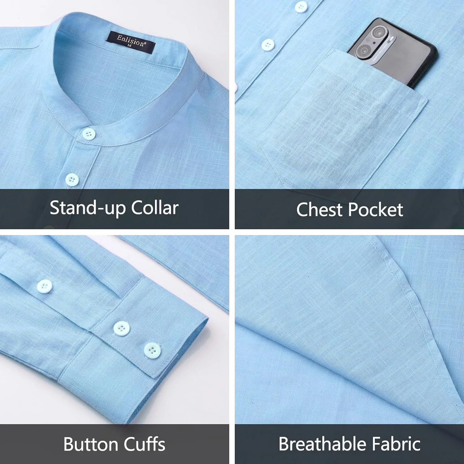 Enlision Mens Cotton Linen Henley Shirts Long Sleeve Casual Shirt Summer Beach Hippie T-Shirt Band Collar Shirt & Pocket