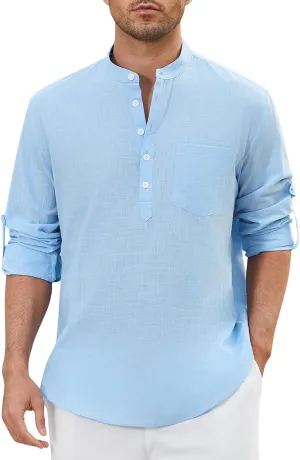 Enlision Mens Cotton Linen Henley Shirts Long Sleeve Casual Shirt Summer Beach Hippie T-Shirt Band Collar Shirt & Pocket
