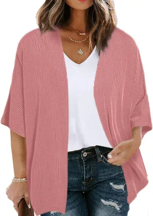 Eytino Women Plus Size Lightweight Cardigan Half Sleeve Ribbed Knit Kimono Cardigans Tops(1X-5X)