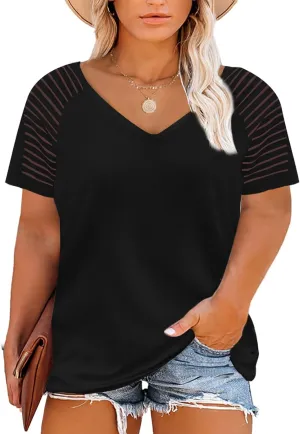 Eytino Women Plus Size Tops Casual Solid Short Sleeve V Neck Striped Mesh Patchwork Loose Blouse Shirts(1X-5X)