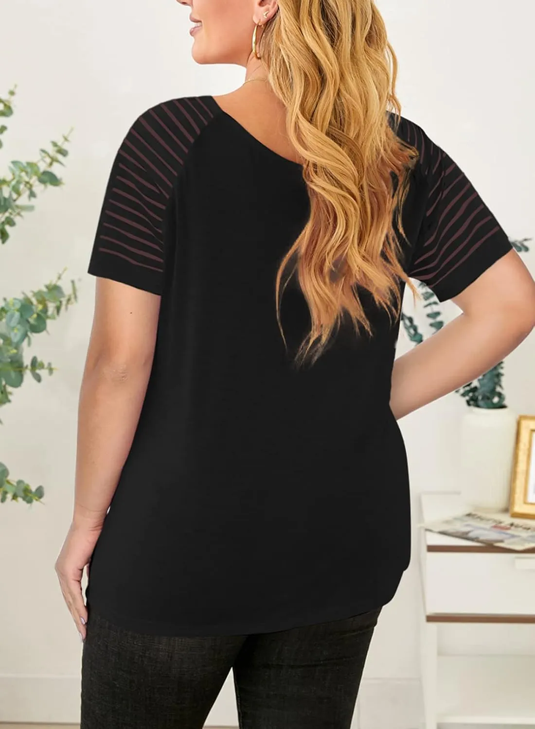 Eytino Women Plus Size Tops Casual Solid Short Sleeve V Neck Striped Mesh Patchwork Loose Blouse Shirts(1X-5X)