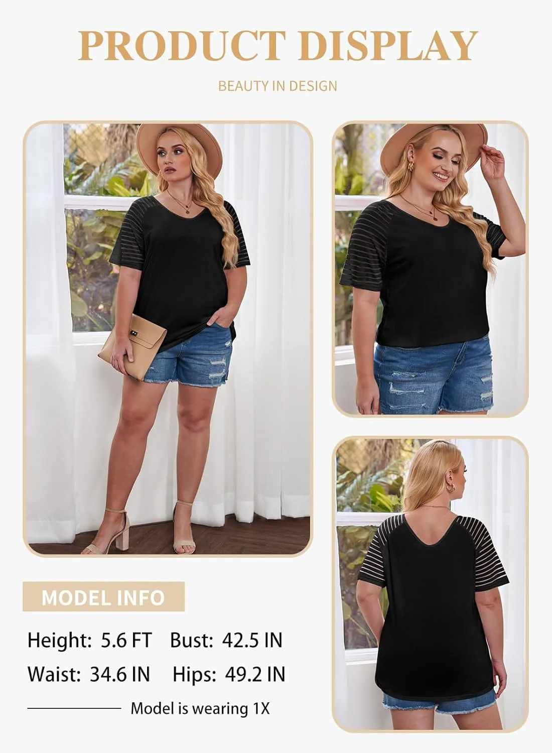 Eytino Women Plus Size Tops Casual Solid Short Sleeve V Neck Striped Mesh Patchwork Loose Blouse Shirts(1X-5X)