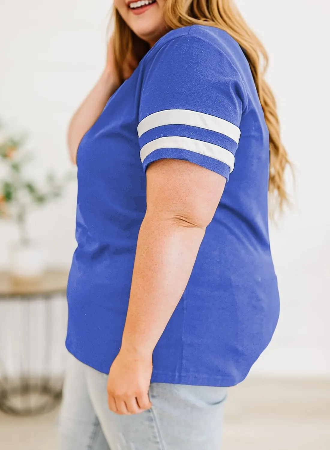 Eytino Women Plus Size Tops V Neck Short Sleeve Striped Causal Loose Blouse Shirts with Pocket(1X-5X)