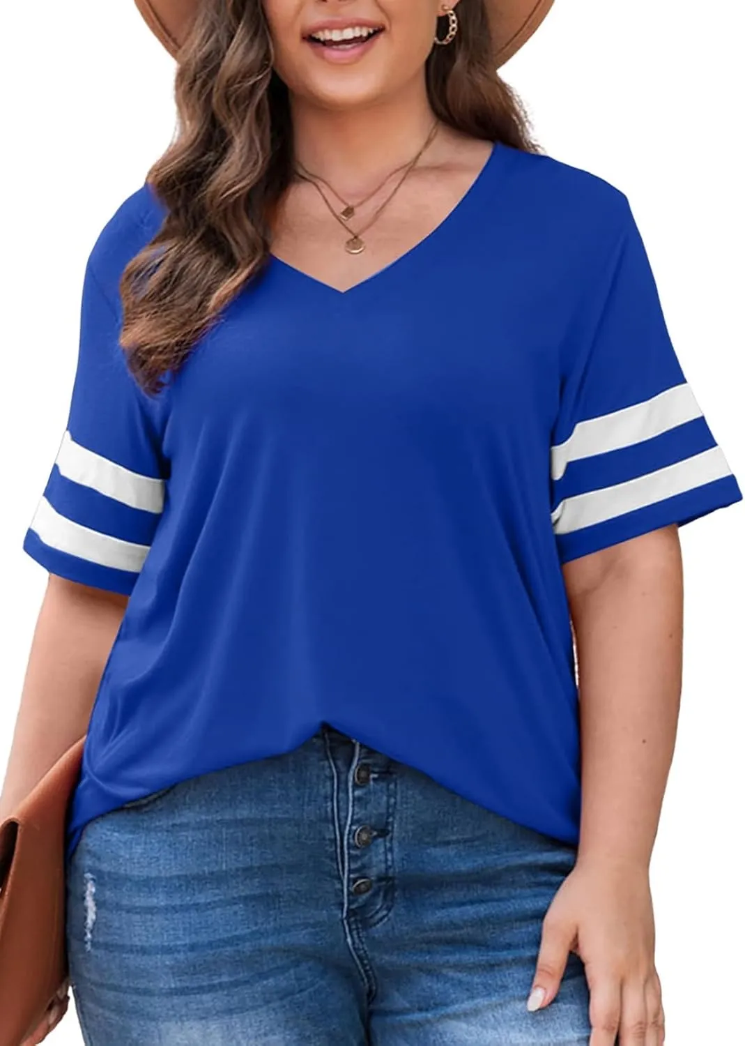 Eytino Women Plus Size Tops V Neck Short Sleeve Striped Causal Loose Blouse Shirts with Pocket(1X-5X)