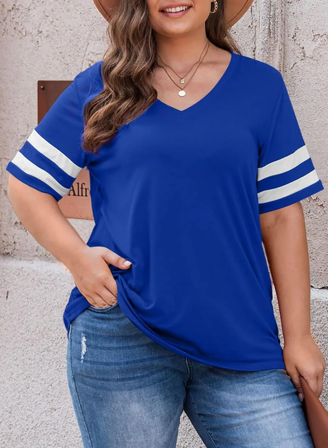 Eytino Women Plus Size Tops V Neck Short Sleeve Striped Causal Loose Blouse Shirts with Pocket(1X-5X)