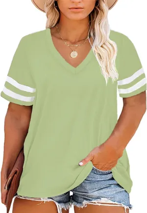 Eytino Women Plus Size Tops V Neck Short Sleeve Striped Causal Loose Blouse Shirts with Pocket(1X-5X)