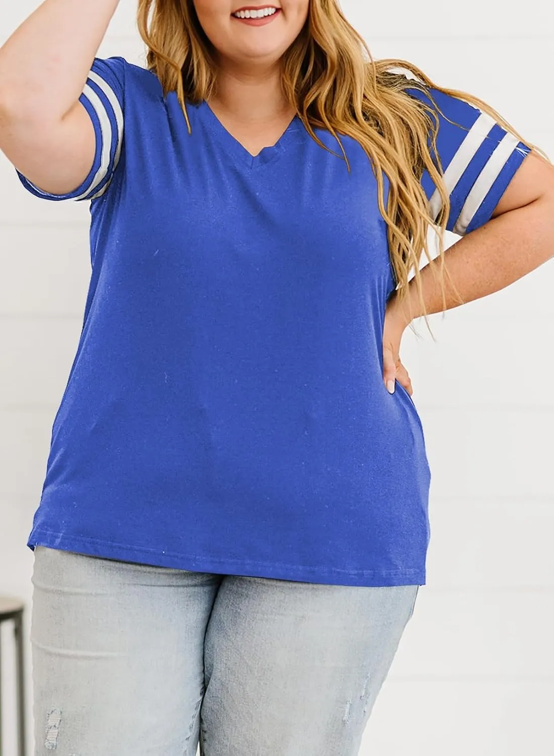 Eytino Women Plus Size Tops V Neck Short Sleeve Striped Causal Loose Blouse Shirts with Pocket(1X-5X)
