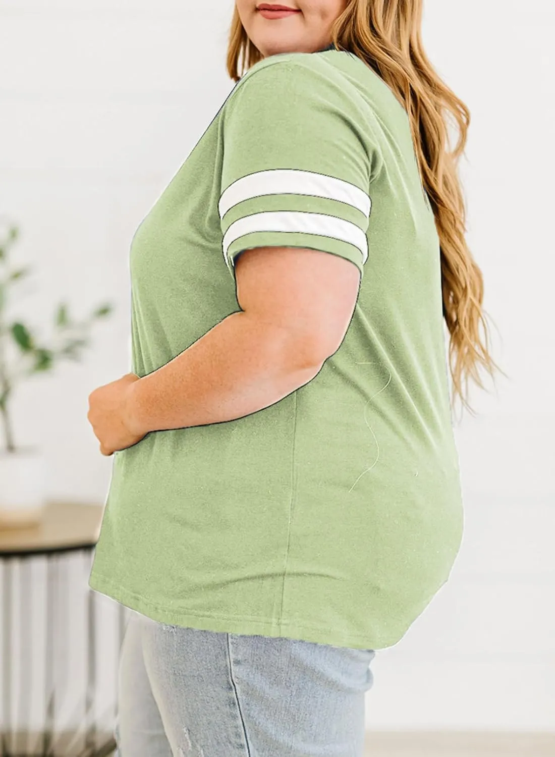 Eytino Women Plus Size Tops V Neck Short Sleeve Striped Causal Loose Blouse Shirts with Pocket(1X-5X)