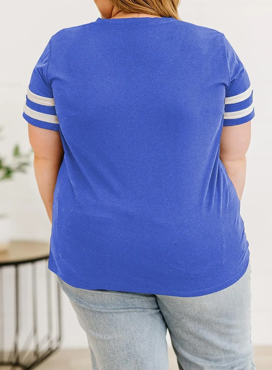Eytino Women Plus Size Tops V Neck Short Sleeve Striped Causal Loose Blouse Shirts with Pocket(1X-5X)