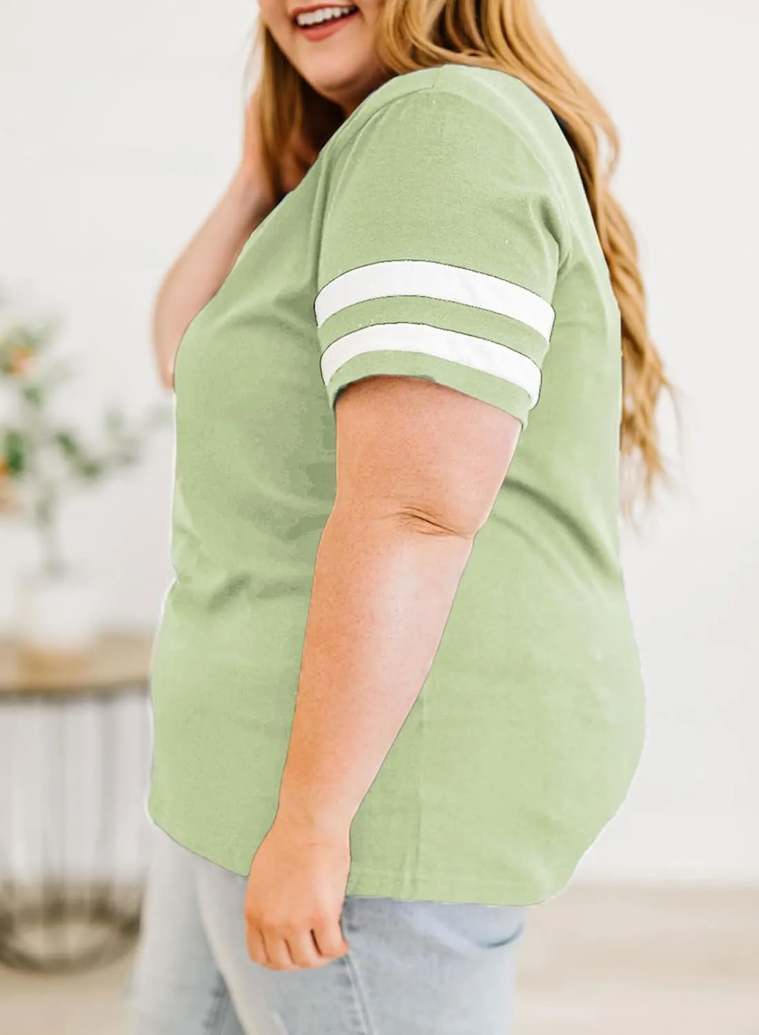 Eytino Women Plus Size Tops V Neck Short Sleeve Striped Causal Loose Blouse Shirts with Pocket(1X-5X)