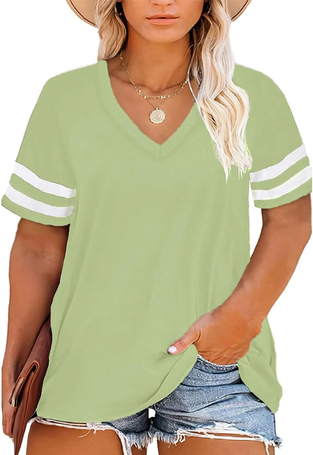Eytino Women Plus Size Tops V Neck Short Sleeve Striped Causal Loose Blouse Shirts with Pocket(1X-5X)
