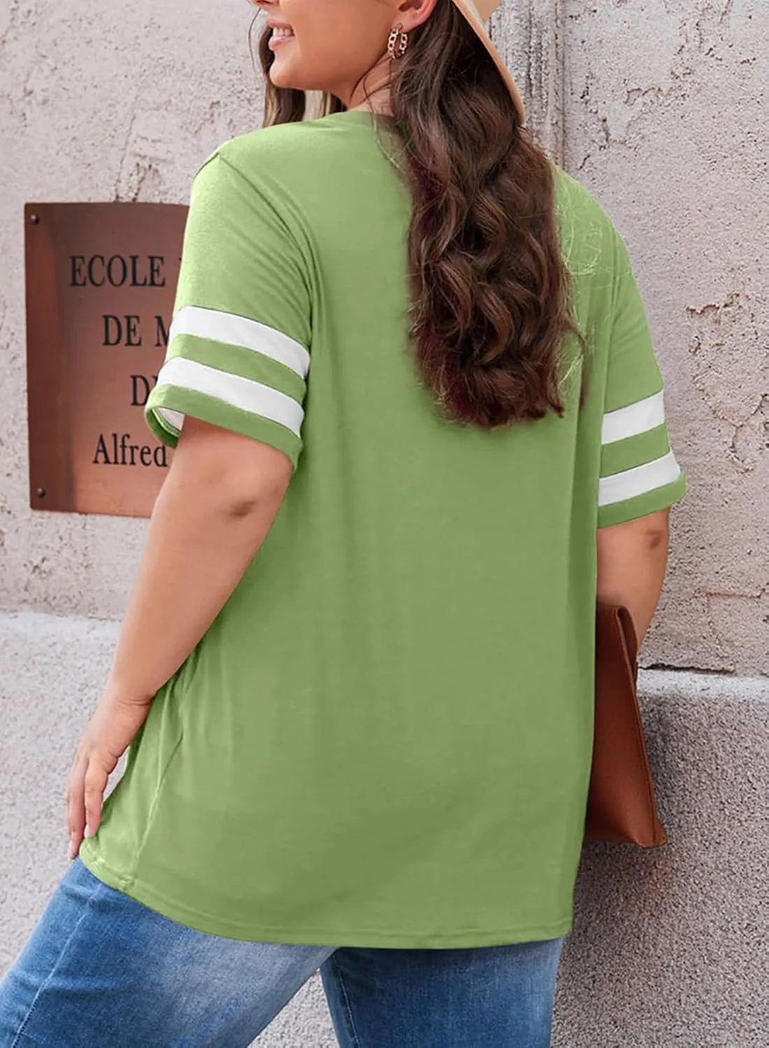 Eytino Women Plus Size Tops V Neck Short Sleeve Striped Causal Loose Blouse Shirts with Pocket(1X-5X)