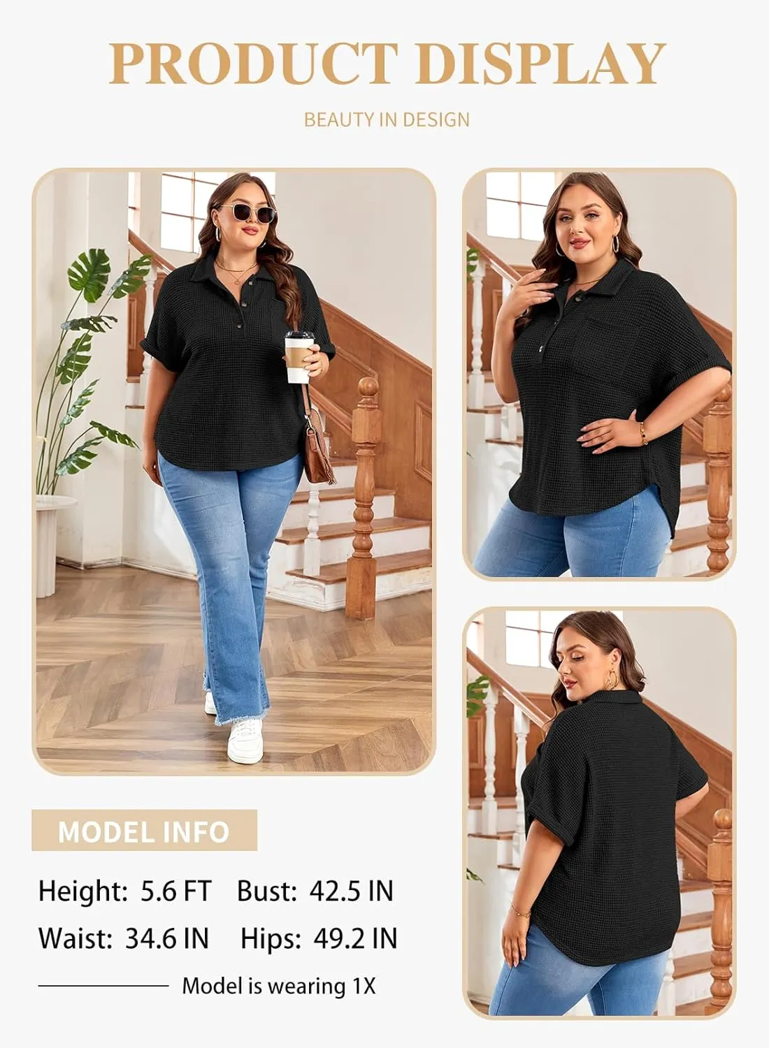 Eytino Women Plus Size Waffle Knit Tops Henley Shirts Short Sleeve V Neck Solid Color Casual Blouse Tunic(1X-5X)
