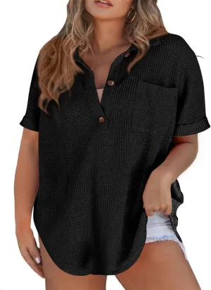 Eytino Women Plus Size Waffle Knit Tops Henley Shirts Short Sleeve V Neck Solid Color Casual Blouse Tunic(1X-5X)