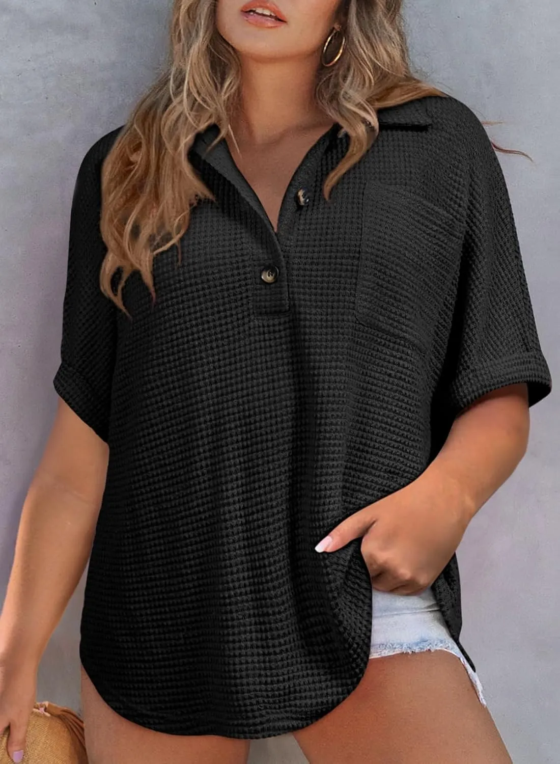 Eytino Women Plus Size Waffle Knit Tops Henley Shirts Short Sleeve V Neck Solid Color Casual Blouse Tunic(1X-5X)
