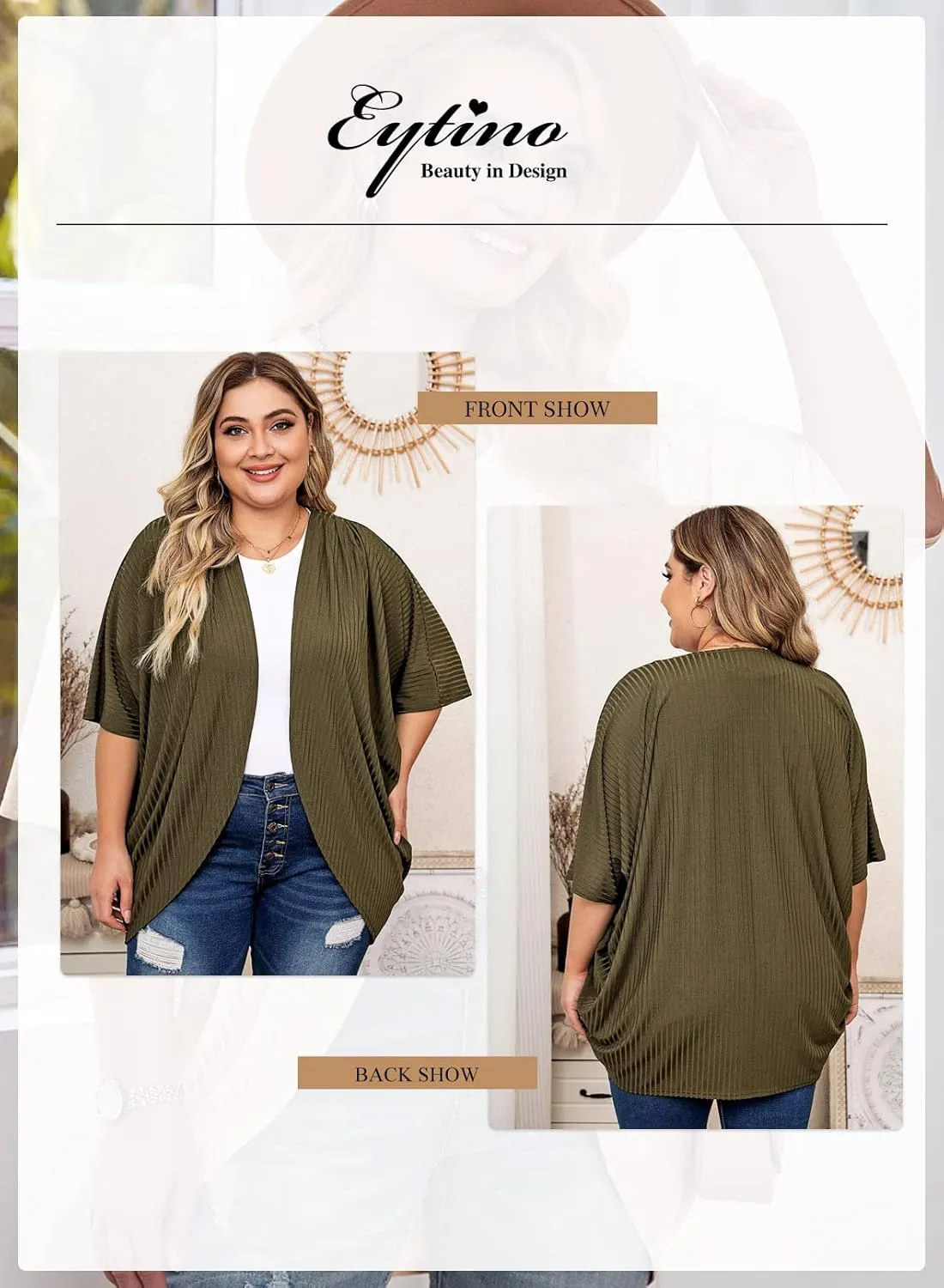 Eytino Womens Plus Size Summer Cardigan Casual Half Sleeve Ruched Open Front Cardigans Tops(1X-5X)
