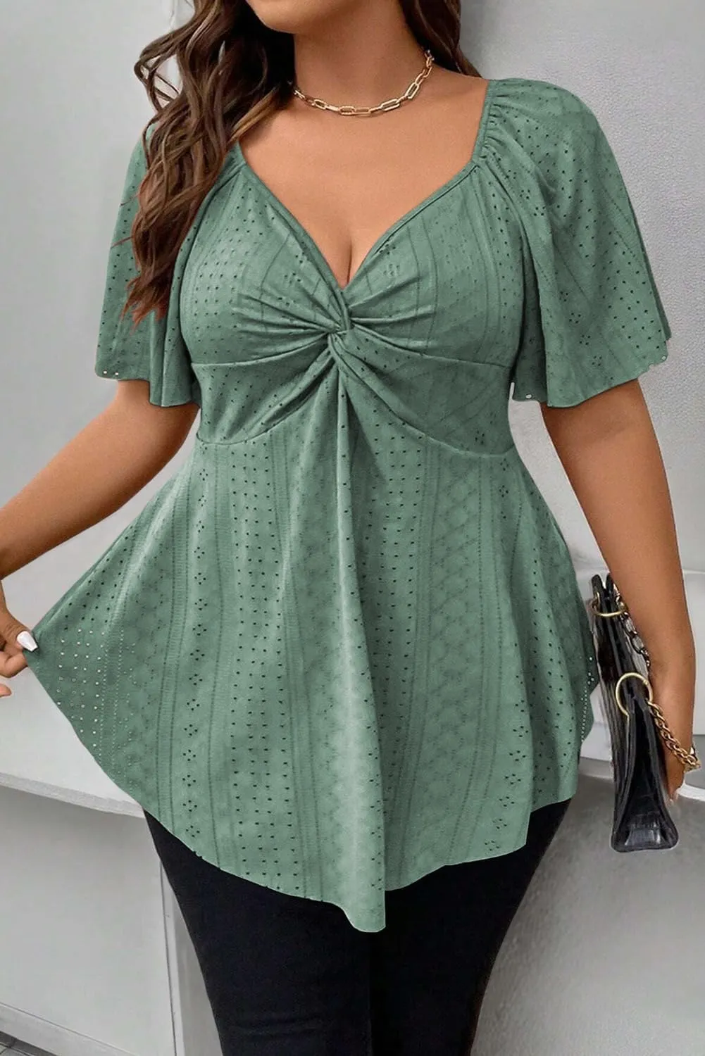 Eytino Womens Plus Size Tops Twist Front V Neck Short Sleeve Eyelet Embroidery Summer Loose Blouse Shirts(1X-5X)