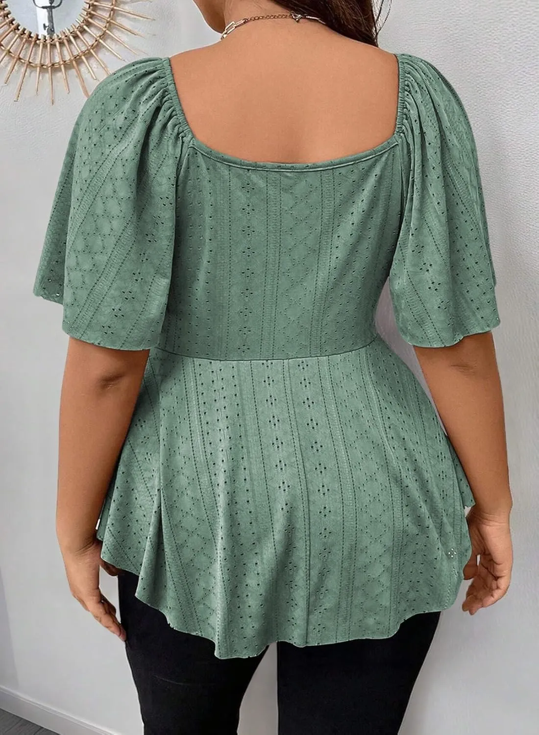 Eytino Womens Plus Size Tops Twist Front V Neck Short Sleeve Eyelet Embroidery Summer Loose Blouse Shirts(1X-5X)