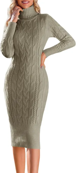 Fangetey Womens Long Sleeve Turtleneck Sweater Dresses Knitted Bodycon Midi Sheath Jumper Dresses