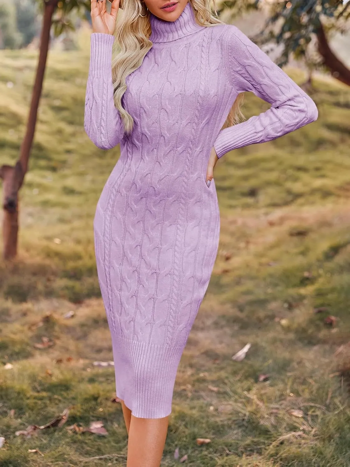 Fangetey Womens Long Sleeve Turtleneck Sweater Dresses Knitted Bodycon Midi Sheath Jumper Dresses