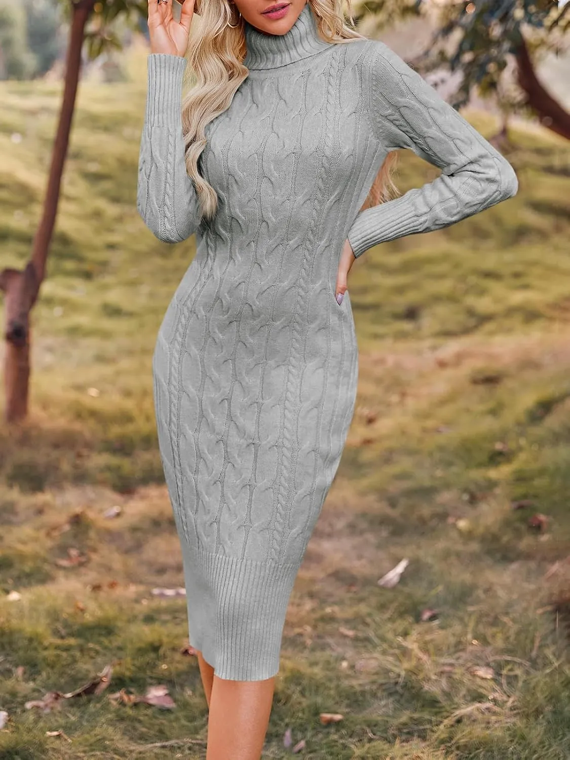 Fangetey Womens Long Sleeve Turtleneck Sweater Dresses Knitted Bodycon Midi Sheath Jumper Dresses