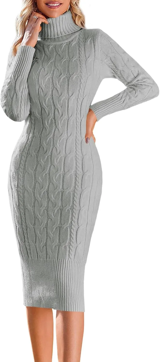 Fangetey Womens Long Sleeve Turtleneck Sweater Dresses Knitted Bodycon Midi Sheath Jumper Dresses