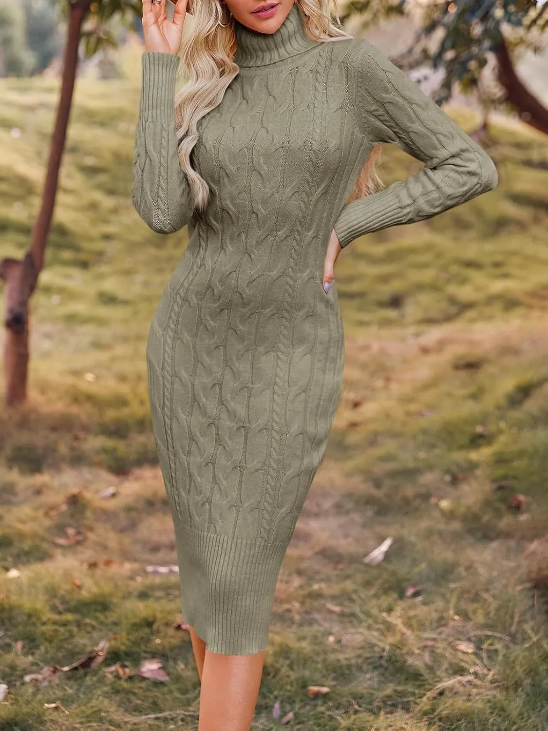Fangetey Womens Long Sleeve Turtleneck Sweater Dresses Knitted Bodycon Midi Sheath Jumper Dresses