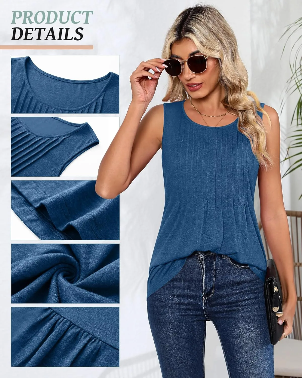 Ficerd Women's Tank Tops Sleeveless Tunic Pleated Crew Neck Blouses Summer Dressy Casual Loose Spring T Shirts