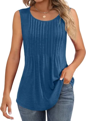 Ficerd Women's Tank Tops Sleeveless Tunic Pleated Crew Neck Blouses Summer Dressy Casual Loose Spring T Shirts