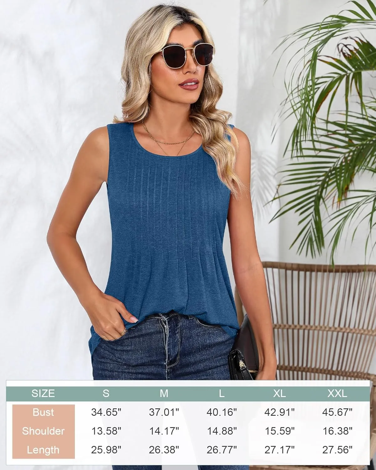 Ficerd Women's Tank Tops Sleeveless Tunic Pleated Crew Neck Blouses Summer Dressy Casual Loose Spring T Shirts