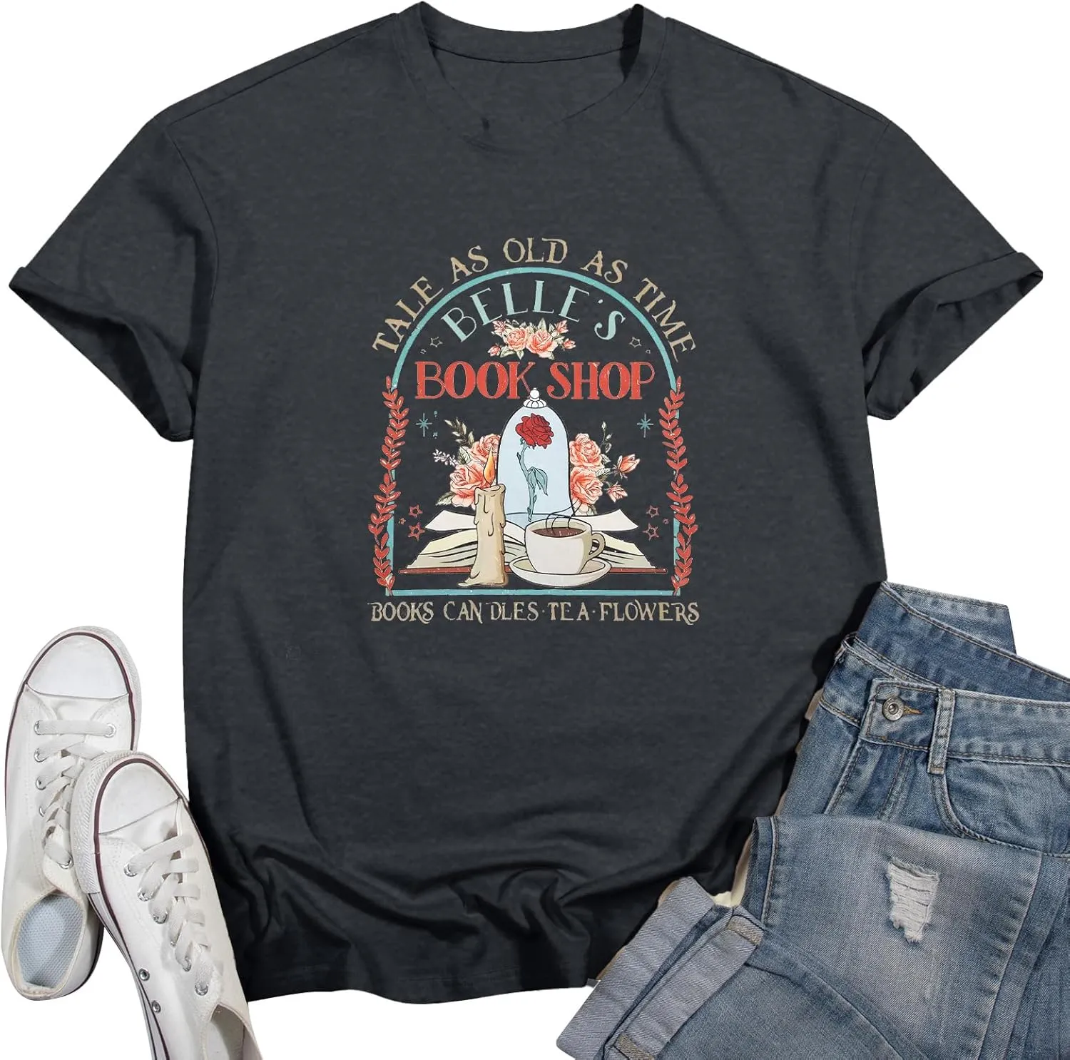 FLOYU Women Belle's Book Shop Shirt Princess Belle T-Shirt Book Lover Tops Casual Magic Kingdom Short Sleeve Shirt