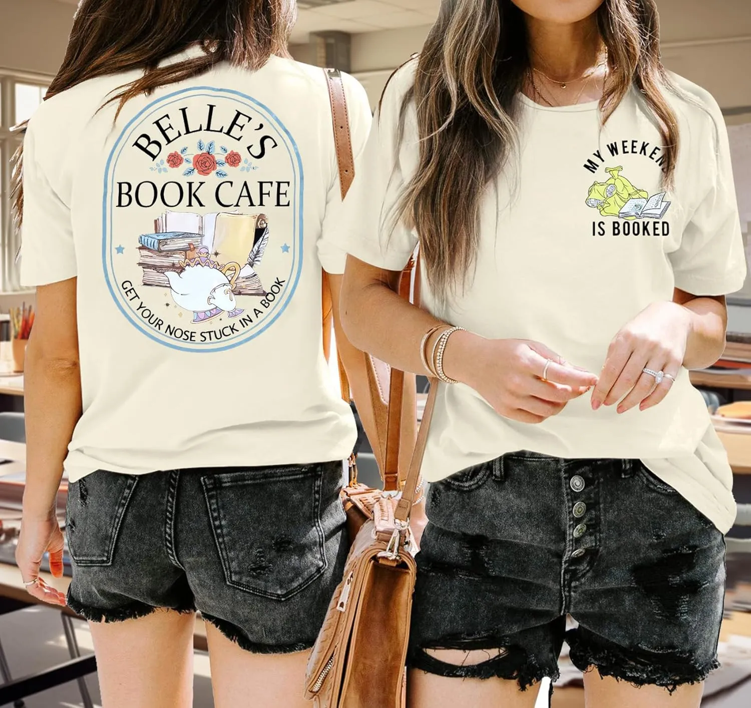 FLOYU Women Belle's Book Shop Shirt Princess Belle T-Shirt Book Lover Tops Casual Magic Kingdom Short Sleeve Shirt