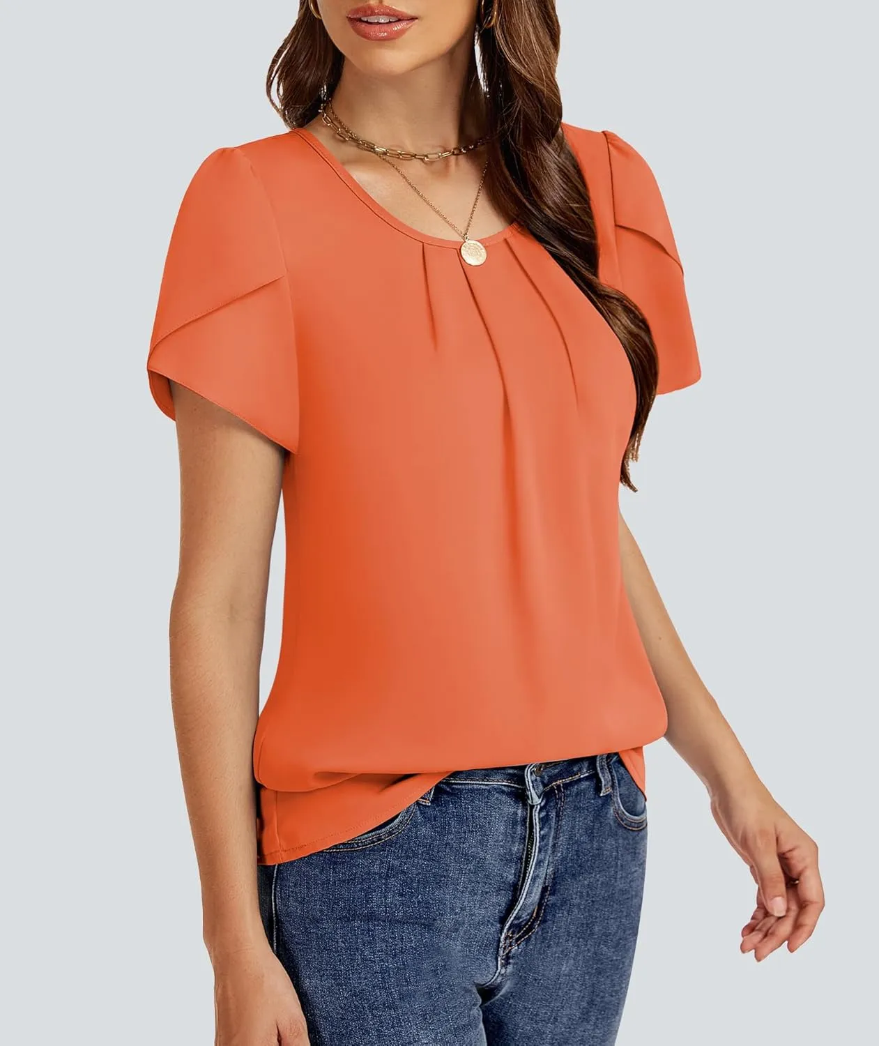 Funlingo Womens Summer Tops Dressy Casual Short Sleeve Tunic Chiffon Blouse Business Pleated Crew Neck Loose Flowy Shirts