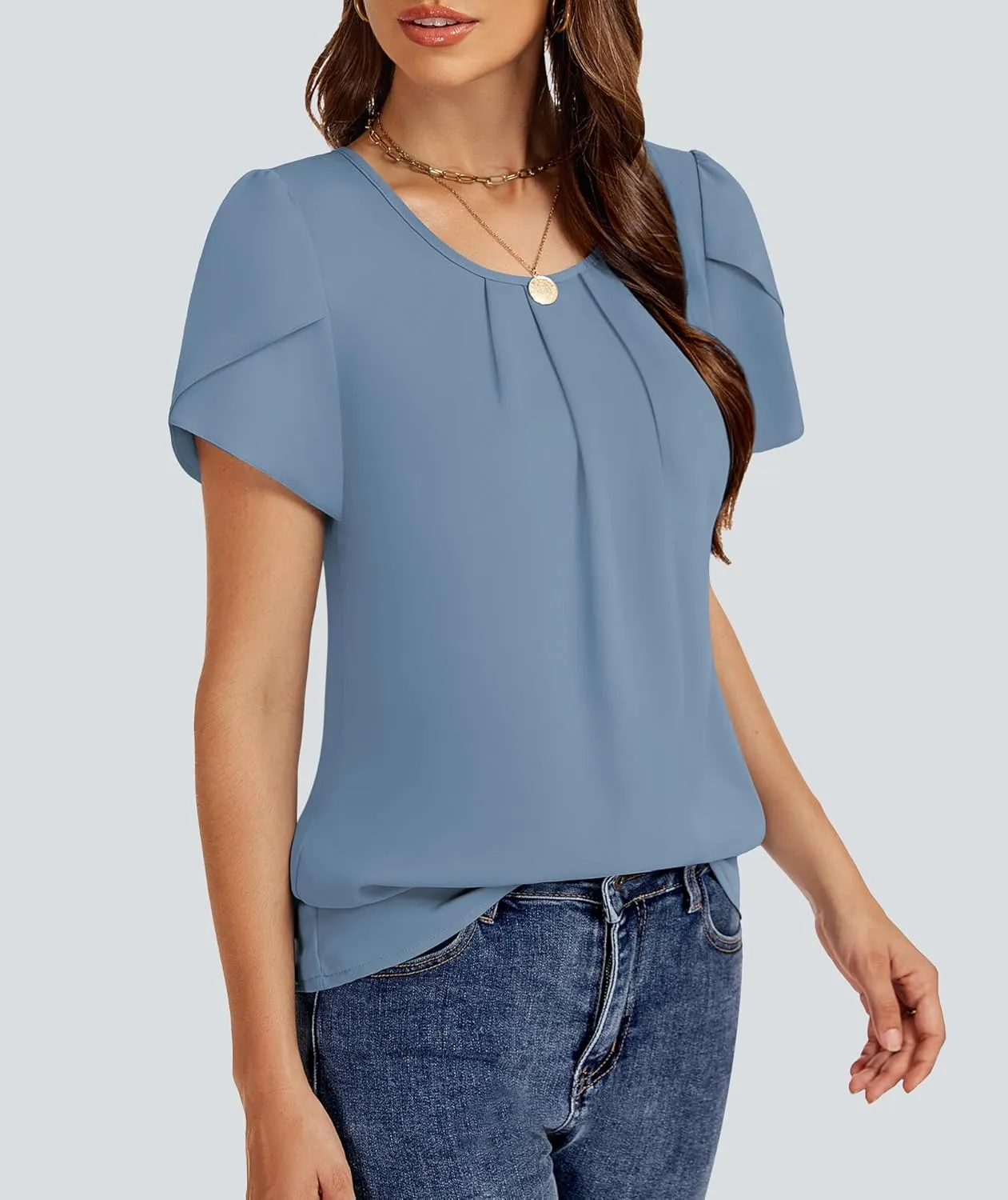 Funlingo Womens Summer Tops Dressy Casual Short Sleeve Tunic Chiffon Blouse Business Pleated Crew Neck Loose Flowy Shirts