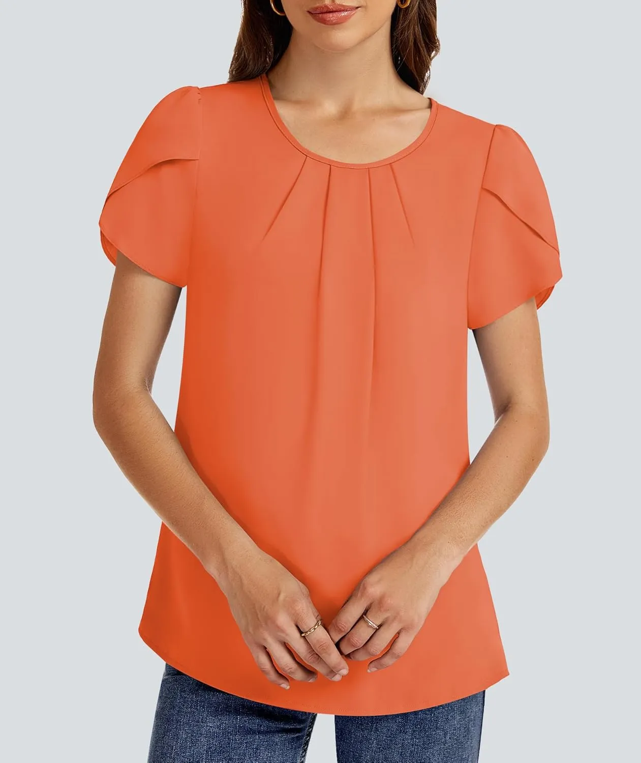 Funlingo Womens Summer Tops Dressy Casual Short Sleeve Tunic Chiffon Blouse Business Pleated Crew Neck Loose Flowy Shirts
