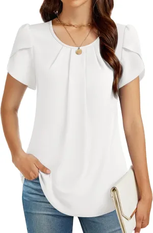 Funlingo Womens Summer Tops Dressy Casual Short Sleeve Tunic Chiffon Blouse Business Pleated Crew Neck Loose Flowy Shirts