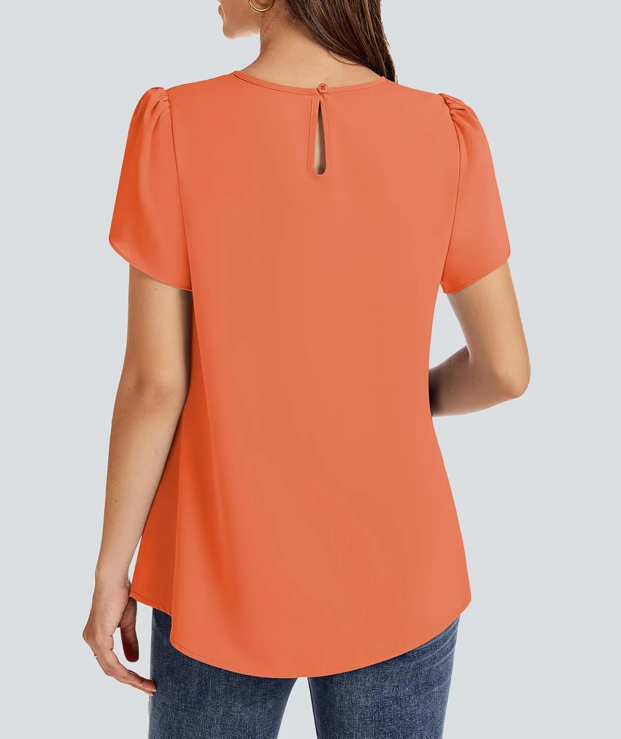 Funlingo Womens Summer Tops Dressy Casual Short Sleeve Tunic Chiffon Blouse Business Pleated Crew Neck Loose Flowy Shirts